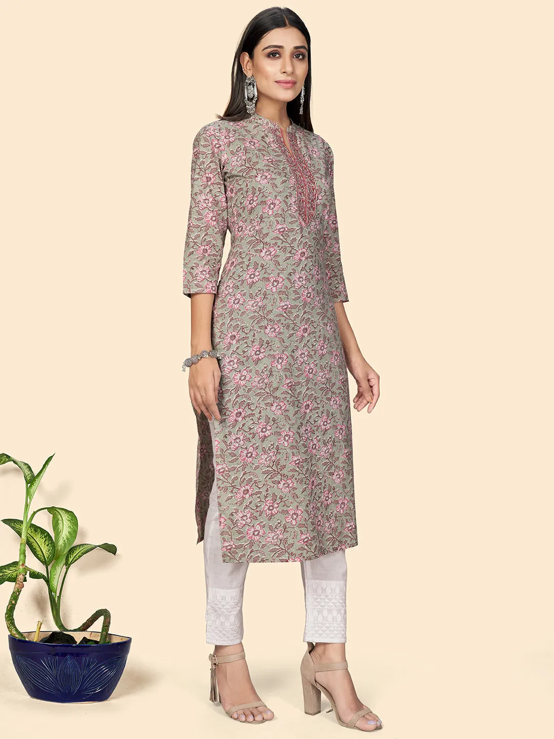 Women'S Print & Embroidered Straight Cotton Teal Green Stitched Kurta