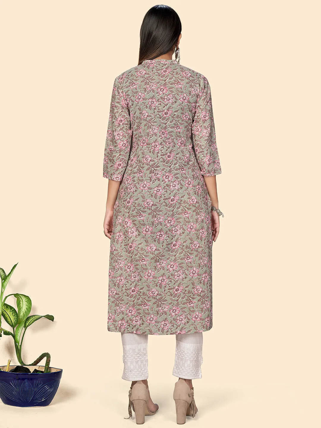 Women'S Print & Embroidered Straight Cotton Teal Green Stitched Kurta