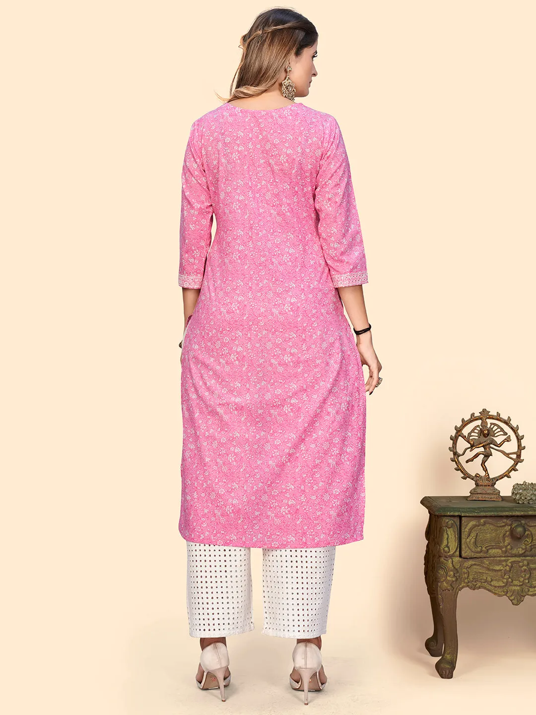 Women'S Print & Sequience Straight Cotton Baby Pink Stitched Kurta