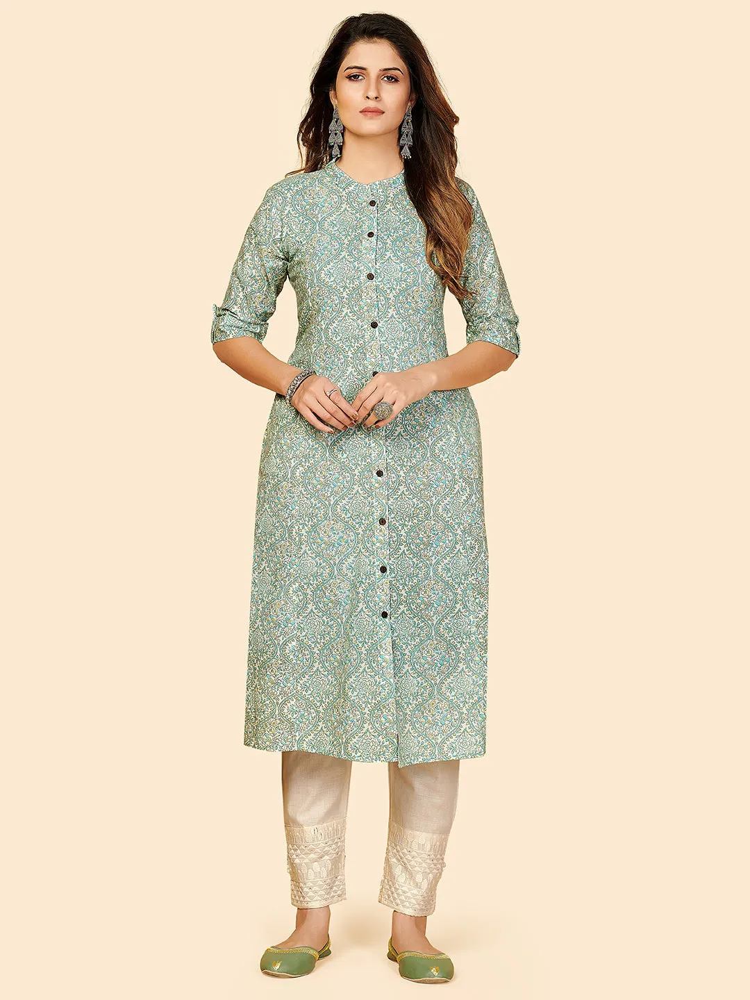 Women'S Printed A-Line Cotton Sky Blue Stitched Kurta