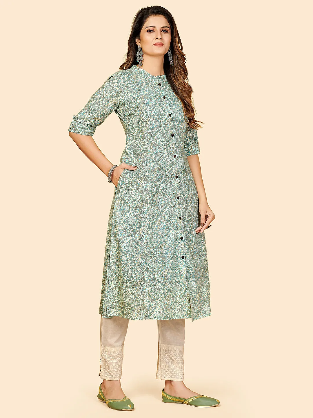 Women'S Printed A-Line Cotton Sky Blue Stitched Kurta