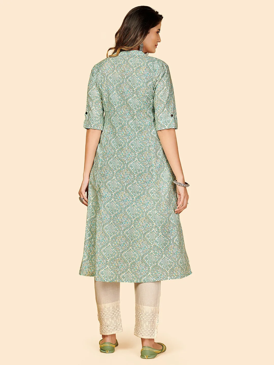 Women'S Printed A-Line Cotton Sky Blue Stitched Kurta