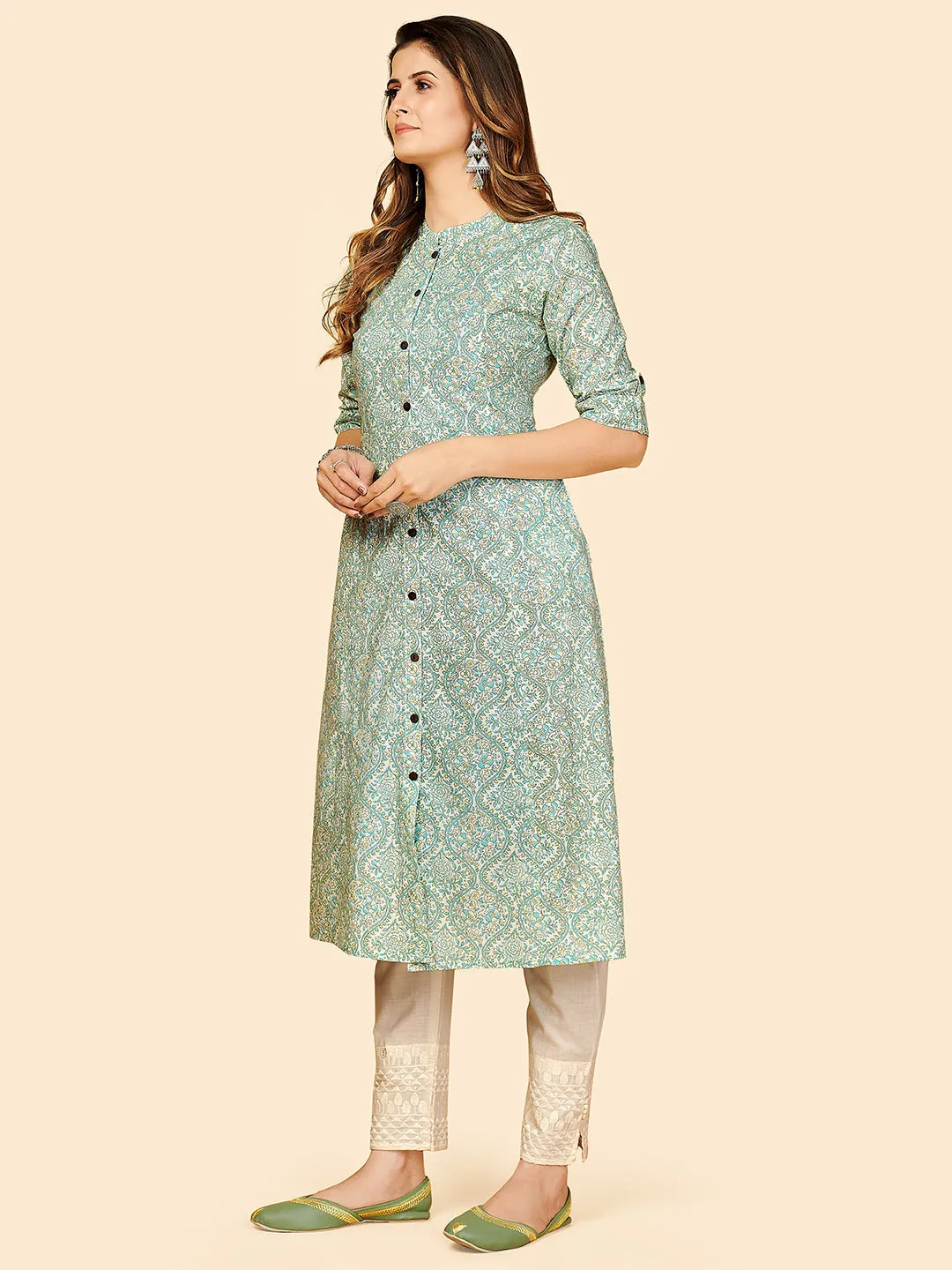 Women'S Printed A-Line Cotton Sky Blue Stitched Kurta