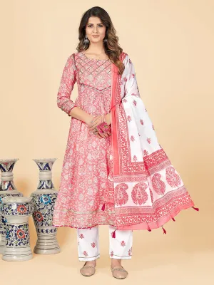 Women'S Printed & Gota Patti Anarkali Cotton Peach Stitched Kurta Pant With Dupatta