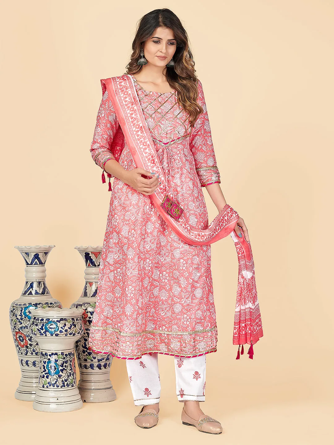 Women'S Printed & Gota Patti Anarkali Cotton Peach Stitched Kurta Pant With Dupatta