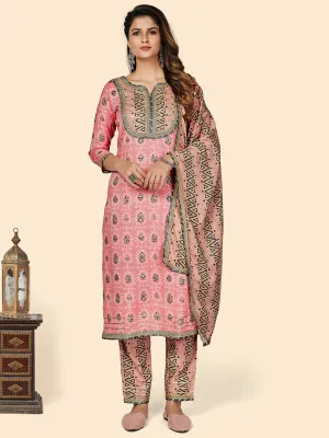 Women'S Printed & Gota Patti Work Straight Rayon Light Pink Stitched Kurta Pant With Dupatta