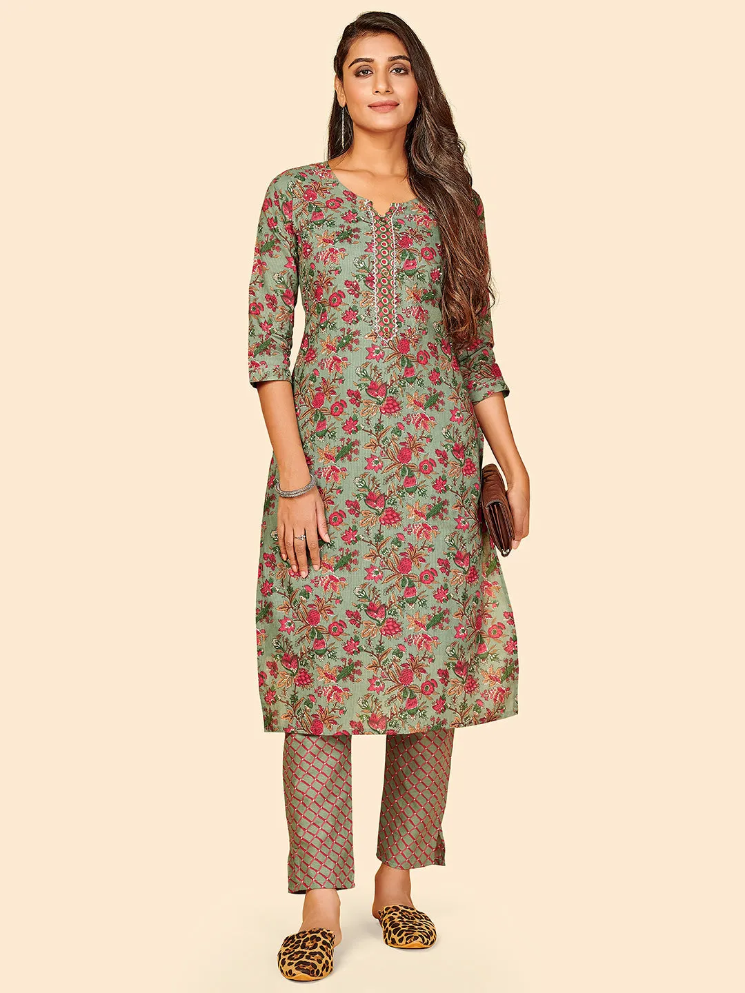 Women'S Printed & Gotta Work Straight Cotton Olive Green Stitched Kurta With Pant