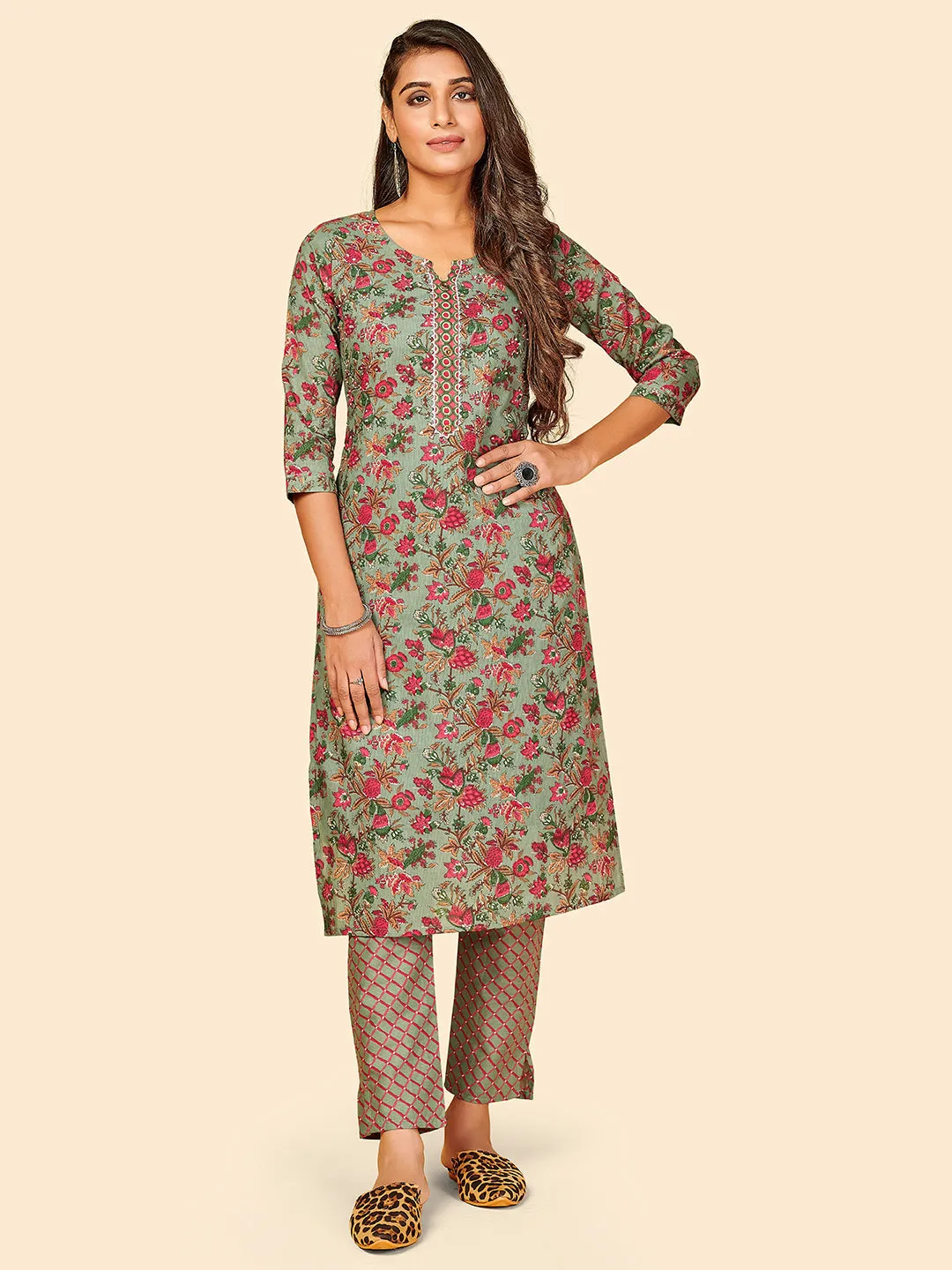 Women'S Printed & Gotta Work Straight Cotton Olive Green Stitched Kurta With Pant