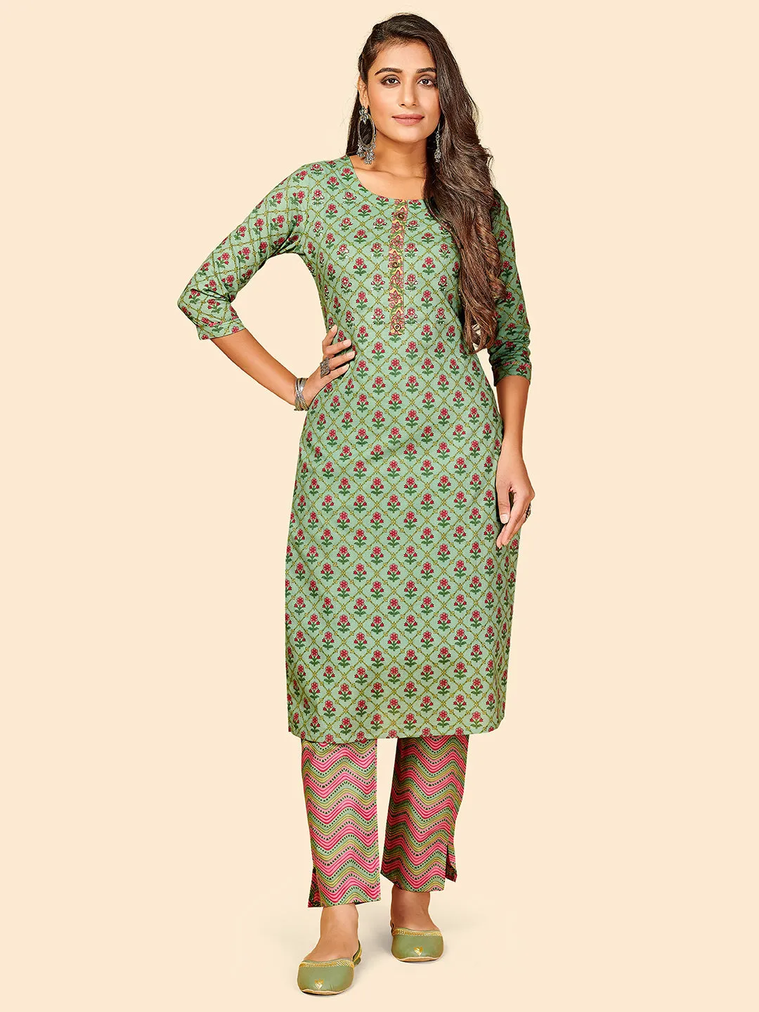 Women'S Printed & Hand Work Straight Cotton See Green Stitched Kurta With Pant