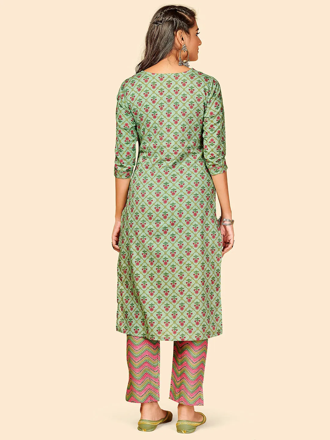 Women'S Printed & Hand Work Straight Cotton See Green Stitched Kurta With Pant