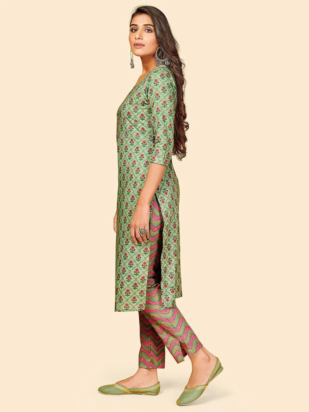 Women'S Printed & Hand Work Straight Cotton See Green Stitched Kurta With Pant