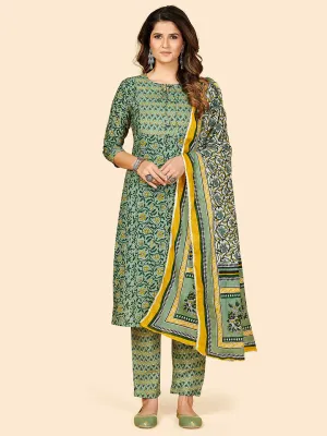 Women'S Printed & Sequience Work Straight Cotton Green Stitched Kurta Pant With Dupatta