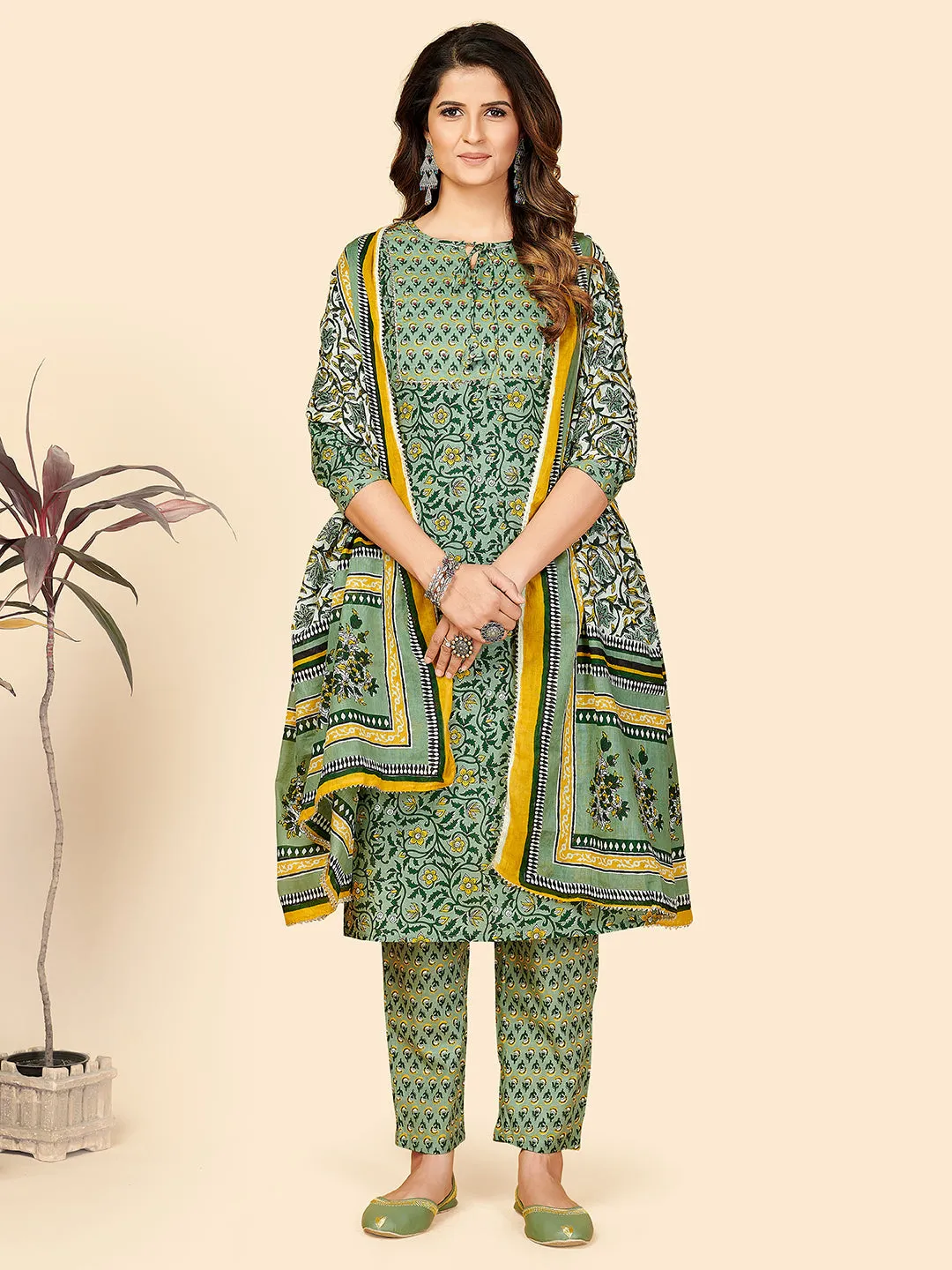 Women'S Printed & Sequience Work Straight Cotton Green Stitched Kurta Pant With Dupatta