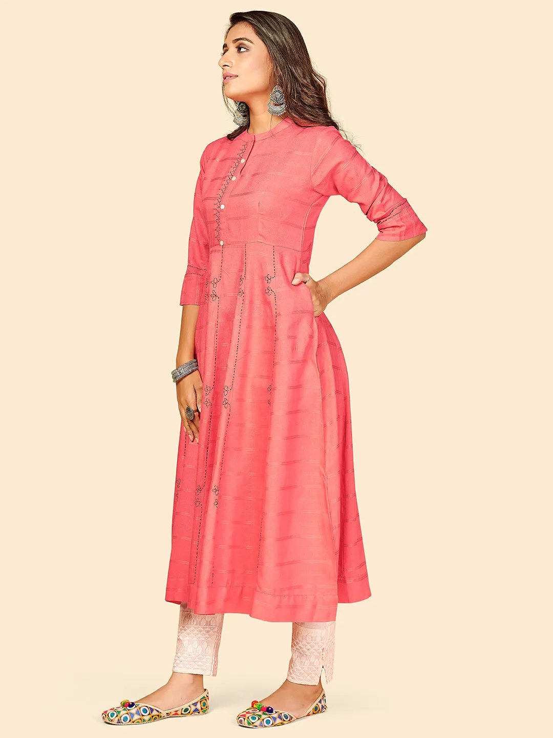 Women'S Solid & Embroidered Anarkali Pink Stitched Kurta