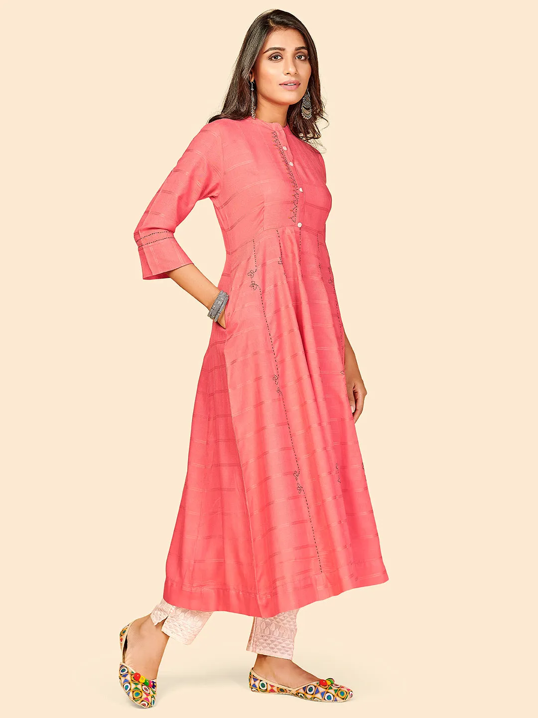 Women'S Solid & Embroidered Anarkali Pink Stitched Kurta