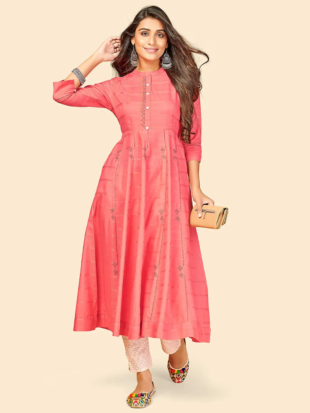 Women'S Solid & Embroidered Anarkali Pink Stitched Kurta