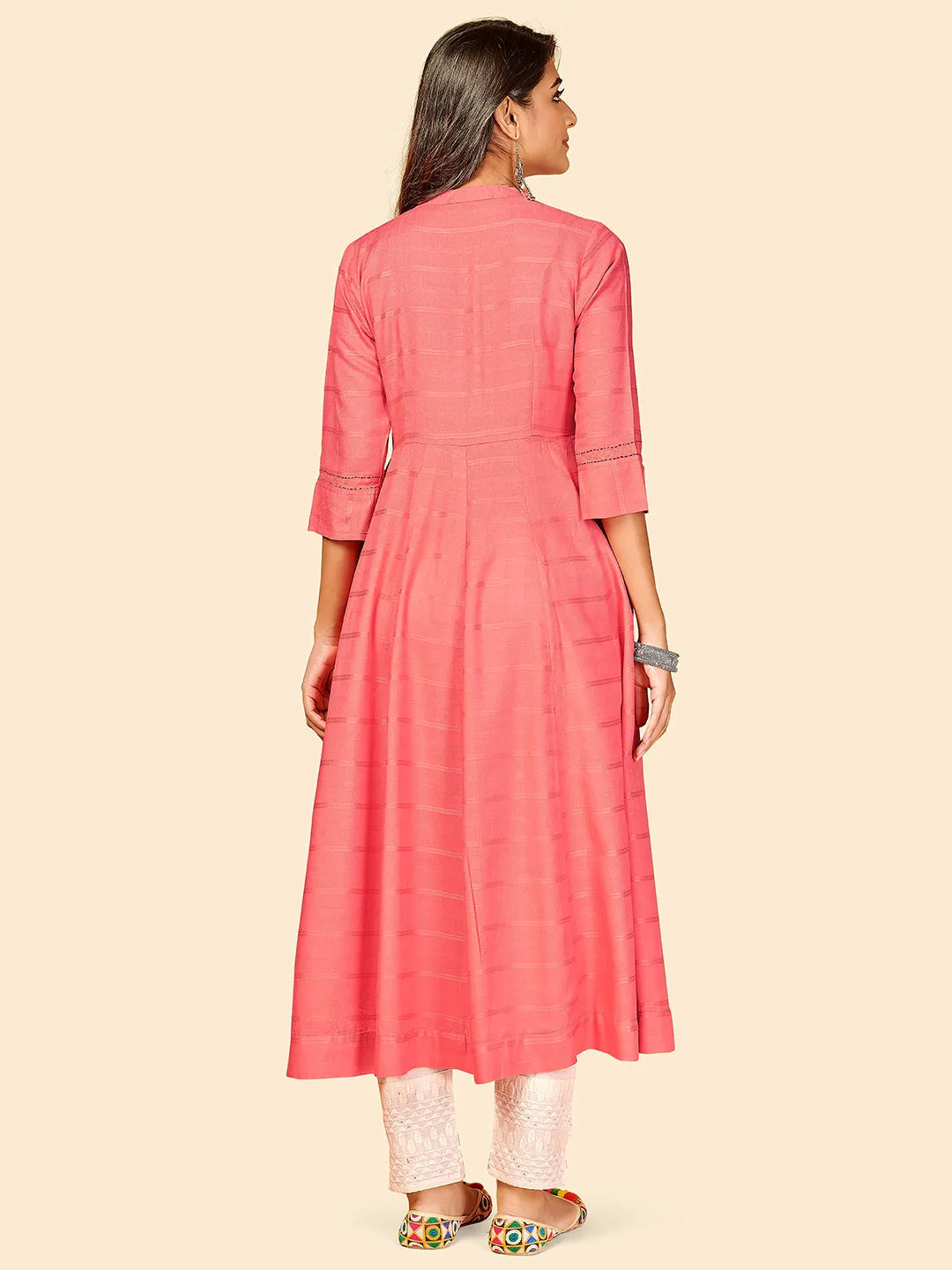 Women'S Solid & Embroidered Anarkali Pink Stitched Kurta