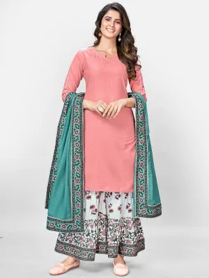 Women'S Solid, Sequence & Gotta Patti Straight Cotton Pink Kurta Sharara With Dupatta