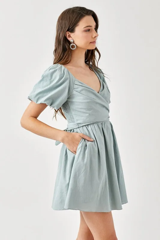 Wrap Me Up Cross Front Puff Sleeve Dress